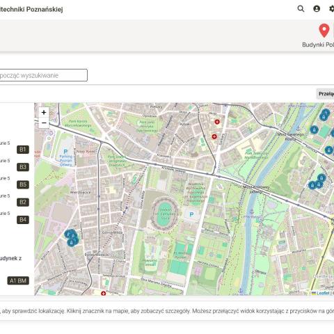 Zrzut ekranu z podstrony serwisu Informator Politechniki Poznańskiej dotyczącej sekcji budynki. Pollewej stronie wypisane są budynki Kampusu Wilda i Częściowo Kampusu Warta, a po prawej, wiekszą cześć zdjecia, zajmuje mapa Poznania z oznaczeniem lokalizacji poszczególnych obiektów.