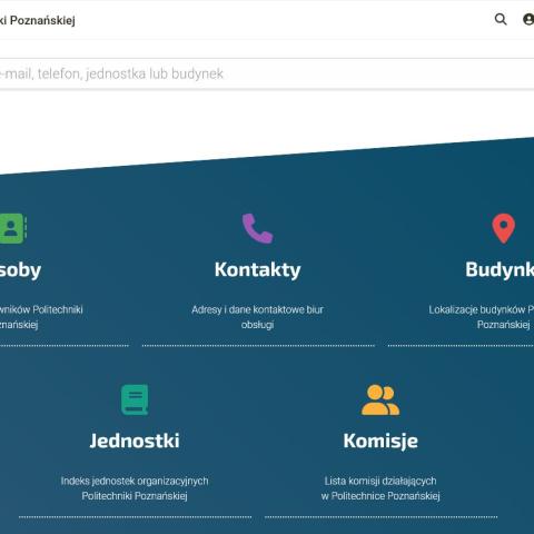 Zrzut ekranu prezentujący startową stronę serwisu Informator Politechniki Poznańskiej. Na granatowym tle są napisy i ikony informujace o pięciu modułach zawartości serwisu: osoby, kontakty, budynki, jednostki, komisje.