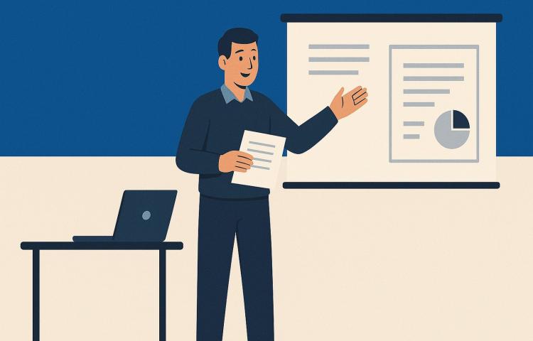 Grafika przedstawia prowadzącego szkolenie mężczyznę wskazującego ekran z wykresami i laptopem na stoliku, w minimalistycznym stylu flat design.