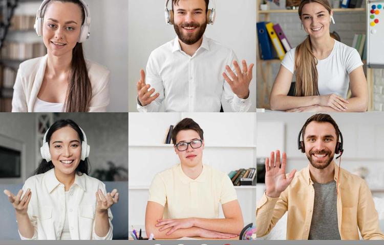 Grafika ozdobna. 6 różnych osób na monitorze komputera symbolizujących widok ekranu prowadzacego wideokonferencję.