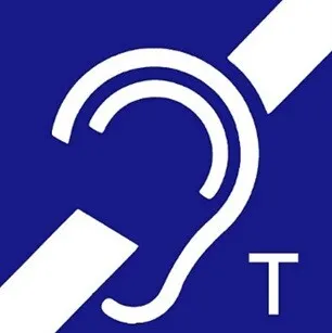 piktogram pętli indukcyjnej - symbol ucha i literka "T" w prawym dolnym rogu