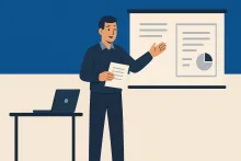 Ilustracja w stylu flat design przedstawia mężczyznę w ciemnym swetrze i jasnej koszuli, stojącego obok ekranu projekcyjnego. W jednej ręce trzyma kartkę, drugą wskazuje na ekran z wykresami i tekstem. Obok stoi stolik z laptopem. Tło jest podzielone na górną część w kolorze granatowym i dolną w jasnym beżu.